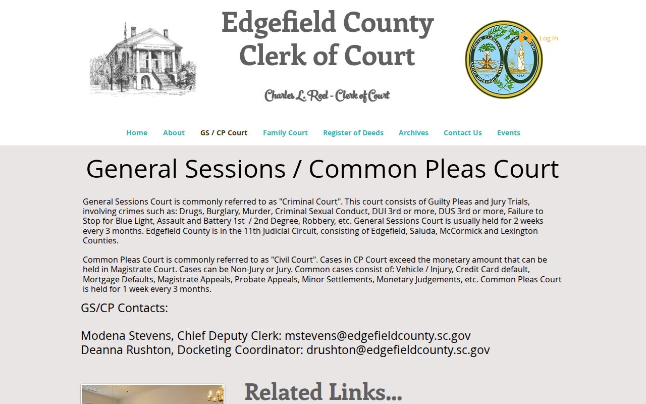 Edgefield County arrest warrants, General Sessions and Common Pleas Clerk information
