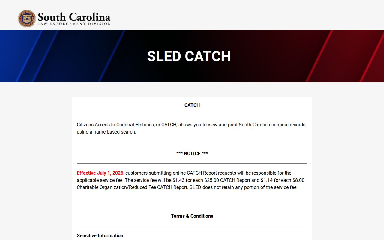 Edgefield County active warrant information, SLED CATCH criminal-history landing page
