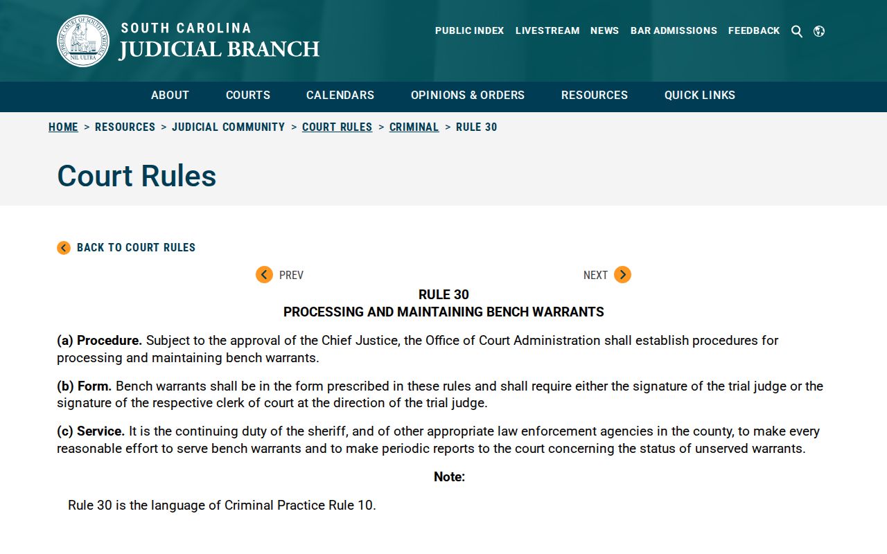 Edgefield County bench warrants, Rule 30 service and processing page