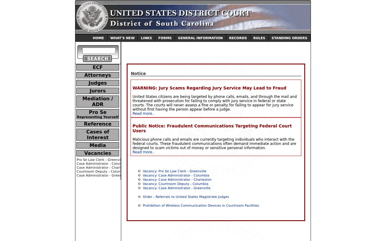 Edgefield County warrant search, federal District of South Carolina landing page