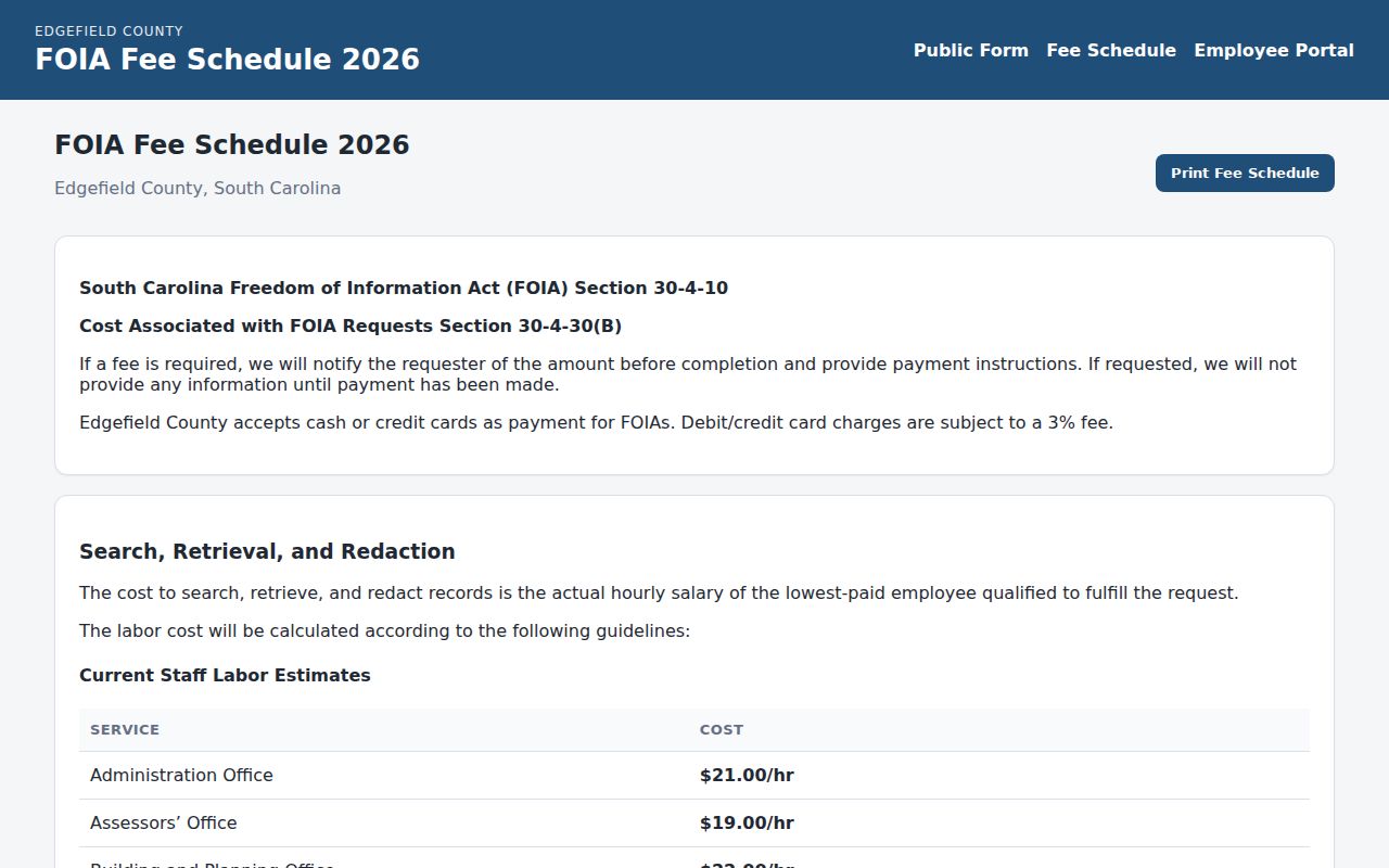 Edgefield County warrant records, 2026 FOIA fee schedule