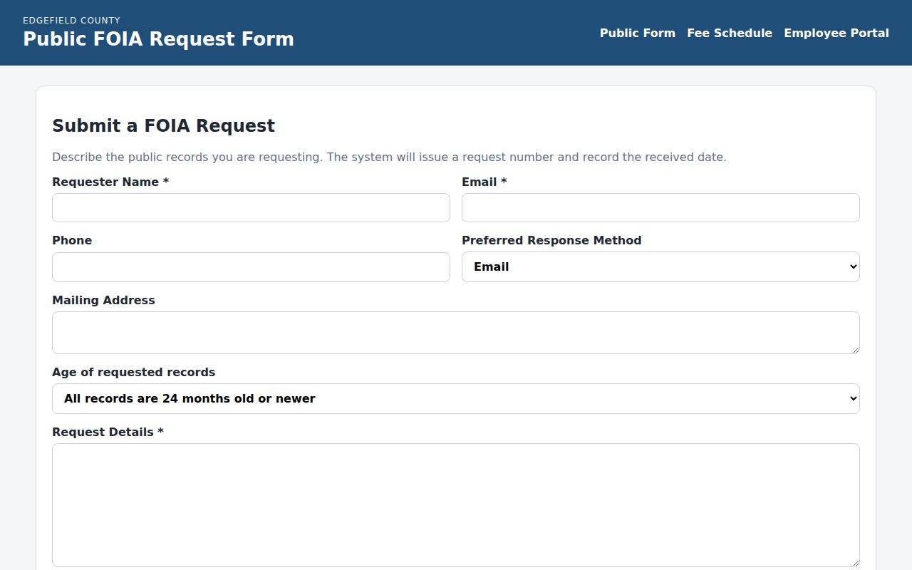 Edgefield County warrant records, blank FOIA request form